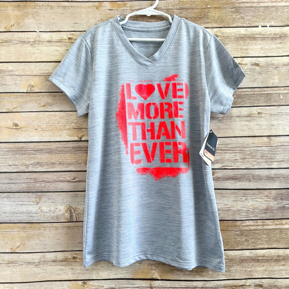 Reebok Tee Girls Size Large 12-14 Gray Short Sleeve Love More Than Ever NWT